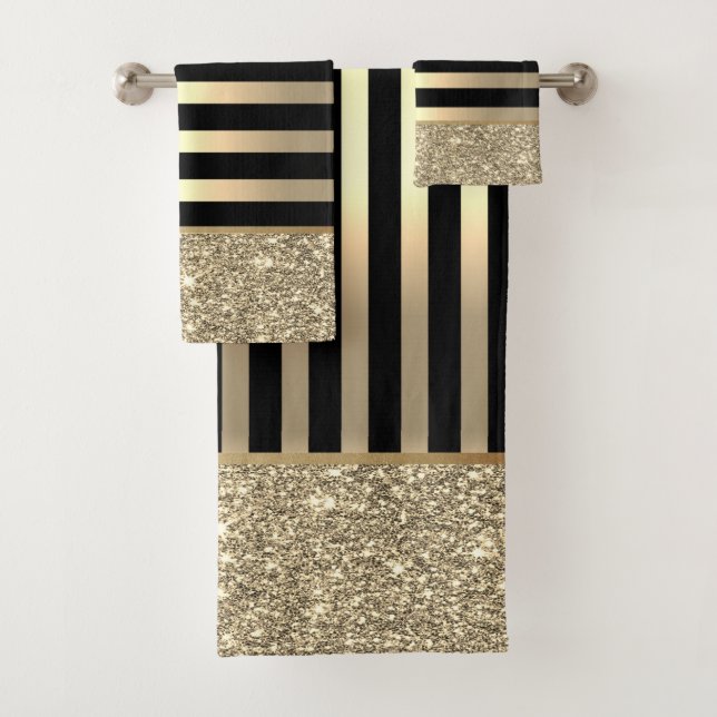 Elegant Stylish Black,  Gold Stripes Glitter Shiny Bath Towel Set (Insitu)