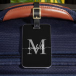 Elegant Stylish Black Grey Monogram Initial Script Luggage Tag<br><div class="desc">Girly Stylish Modern Elegant Black and Grey Monogram Initial Name Script Custom Personalised Personalised Luggage Bag Tag. This design featuring a first name in a pretty hand lettered swash tail font calligraphy (or typography) with monogram initial, address info in grey and white on black. These are easy to customise it....</div>