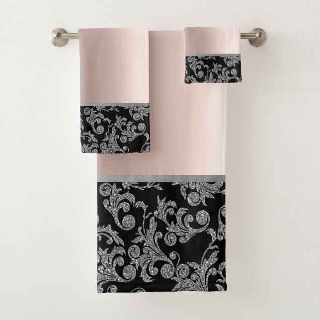 Elegant Stylish Black Silver Swirls Rose Gold Bath Towel Set (Insitu)