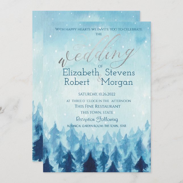 Elegant Stylish Blue Forest Pine Trees Wedding  Invitation (Front/Back)