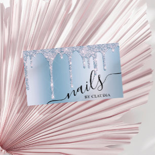 Elegant stylish blue glitter drips nails business card