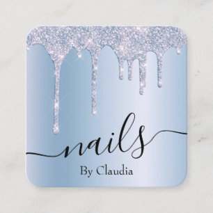 Elegant stylish blue glitter drips nails square business card