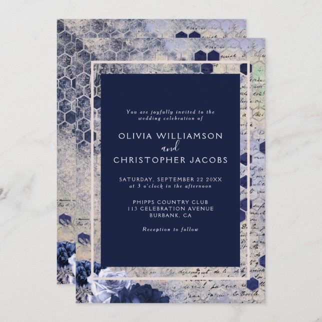 Elegant Stylish Blue Honeycomb Floral Wedding Invitation (Front/Back)