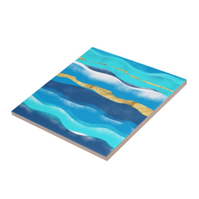 Elegant Stylish Boho Ocean Waves Blue Gold Foil Ceramic Tile (Side)