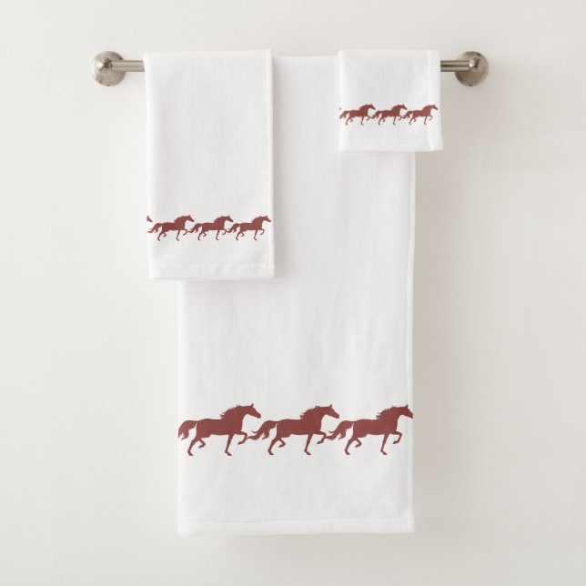 Elegant Stylish Brown Bay Horses on White Bath Towel Set (Insitu)
