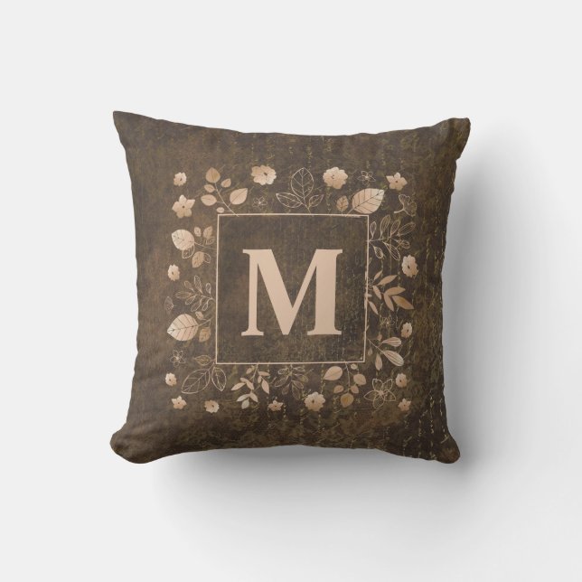 Elegant Stylish Brown Gold Leaves Monogram Porch Cushion (Front)
