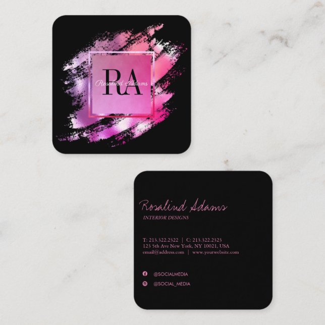 Elegant Stylish Brushstroke Ombre Glam Monogram Square Business Card (Front/Back)