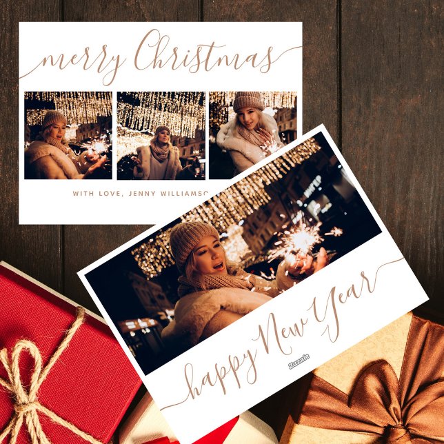 Elegant Stylish Calligraphy 4 Photo Christmas Holiday Card (Creator Uploaded)