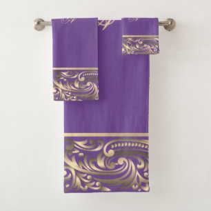 Elegant Stylish Chic Gold Swirls Monogram Violet  Bath Towel Set