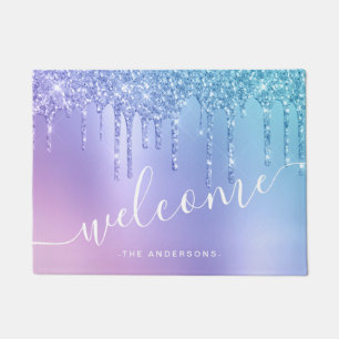 Elegant stylish chick blue & purple glitter drips doormat