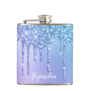 Elegant stylish chick blue & purple glitter drips hip flask