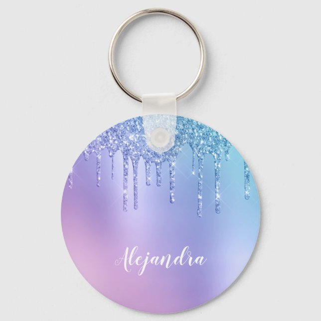 Elegant stylish chick blue & purple glitter drips key ring (Front)