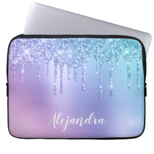 Elegant stylish chick blue & purple glitter drips laptop sleeve