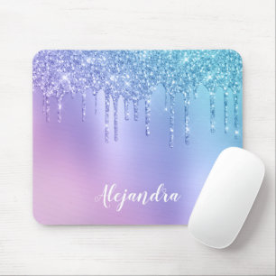 Elegant stylish chick blue & purple glitter drips mouse pad