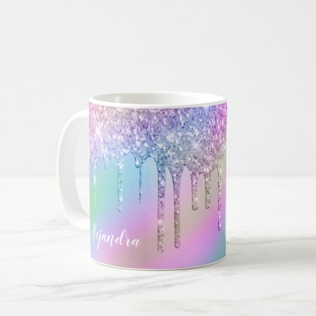 Elegant stylish colorful holographic glitter drips coffee mug (Front Left)