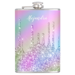 Elegant stylish colorful holographic glitter drips hip flask