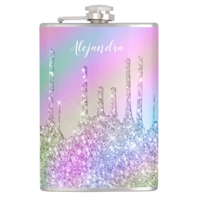 Elegant stylish colorful holographic glitter drips hip flask (Front)