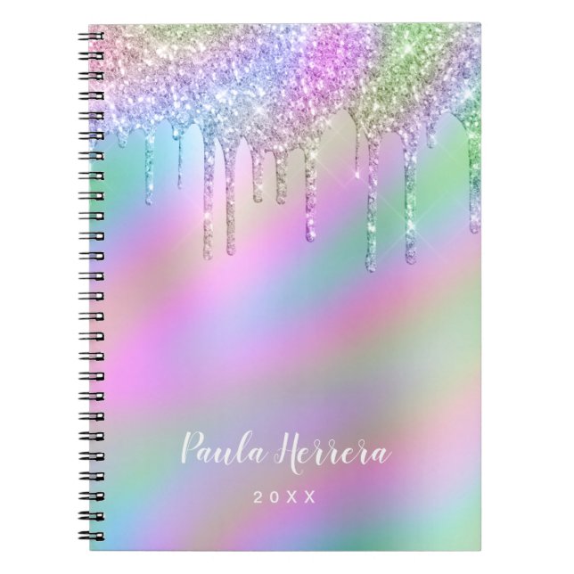 Elegant stylish colorful holographic glitter drips notebook (Front)