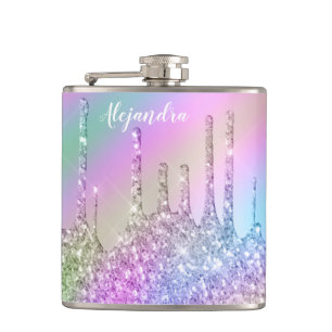 Elegant stylish colourful holographic glitter drip hip flask