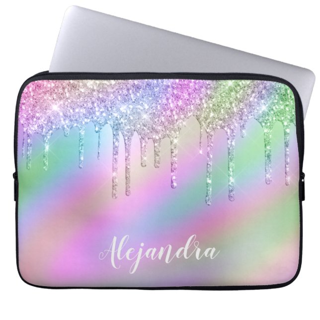 Elegant stylish colourful holographic glitter drip laptop sleeve (Front)