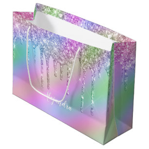 Elegant stylish colourful holographic glitter drip large gift bag