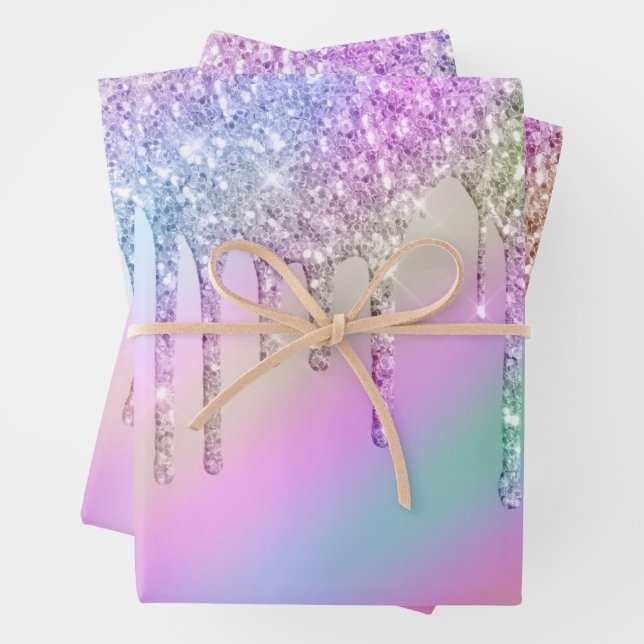 Elegant stylish colourful holographic glitter drip wrapping paper sheet (In situ)