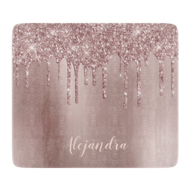 Elegant stylish copper rose gold glitter drips cutting board (Front)