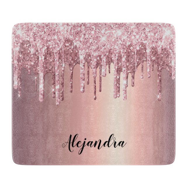 Elegant stylish copper rose gold glitter drips cutting board (Front)