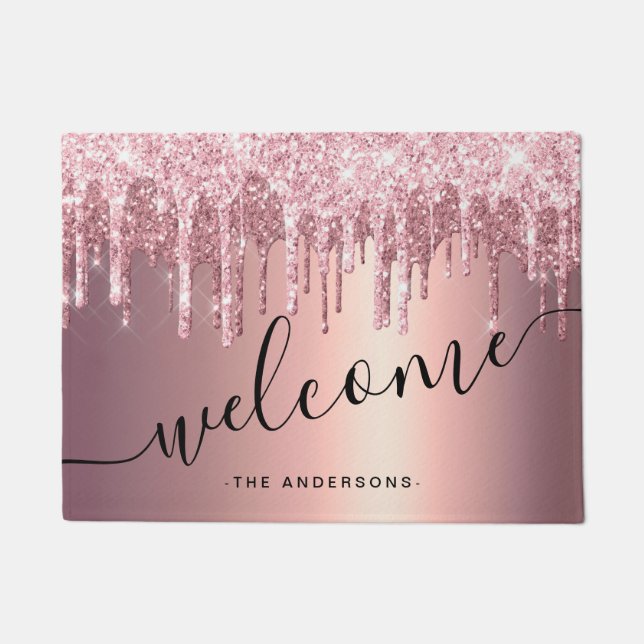 Elegant stylish copper rose gold glitter drips doormat (Front)