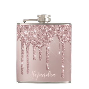 Elegant stylish copper rose gold glitter drips hip flask