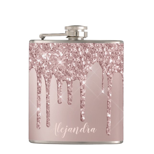 Elegant stylish copper rose gold glitter drips hip flask (Front)