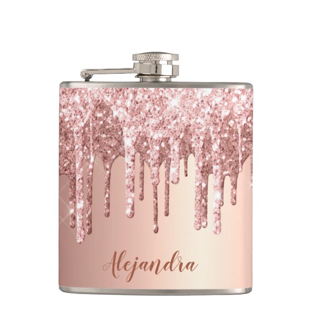 Elegant stylish copper rose gold glitter drips hip flask (Front)