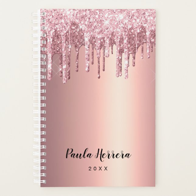 Elegant stylish copper rose gold glitter drips planner (Front)