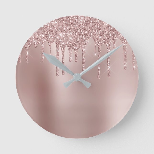Elegant stylish copper rose gold glitter drips round clock (Front)
