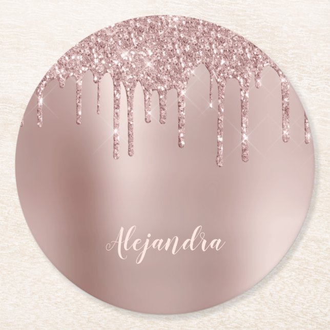 Elegant stylish copper rose gold glitter drips round paper coaster (Front)