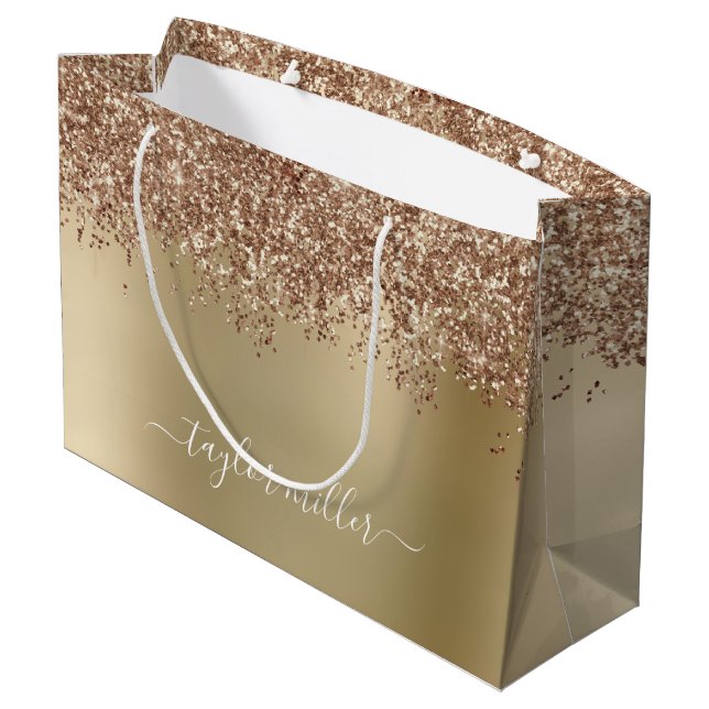 Elegant stylish copper rose gold glitter large gift bag (Back Angled)