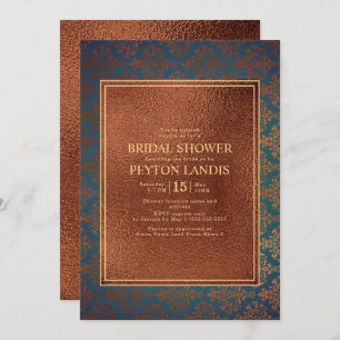 Elegant Stylish Copper Teal Damask Bridal Shower Invitation