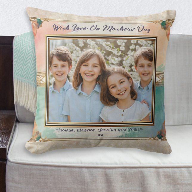 Elegant Stylish Cream Pretty Mother's Day Photo Cushion (A pretty throw pillow with words 'With Love On' Mother's Day, to customize with a photo and name(s))