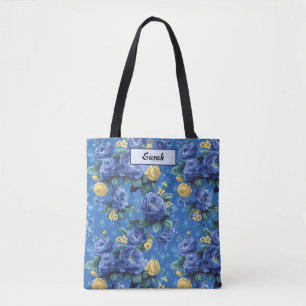 Elegant Stylish Cute Blue Botanical Floral Tote Bag