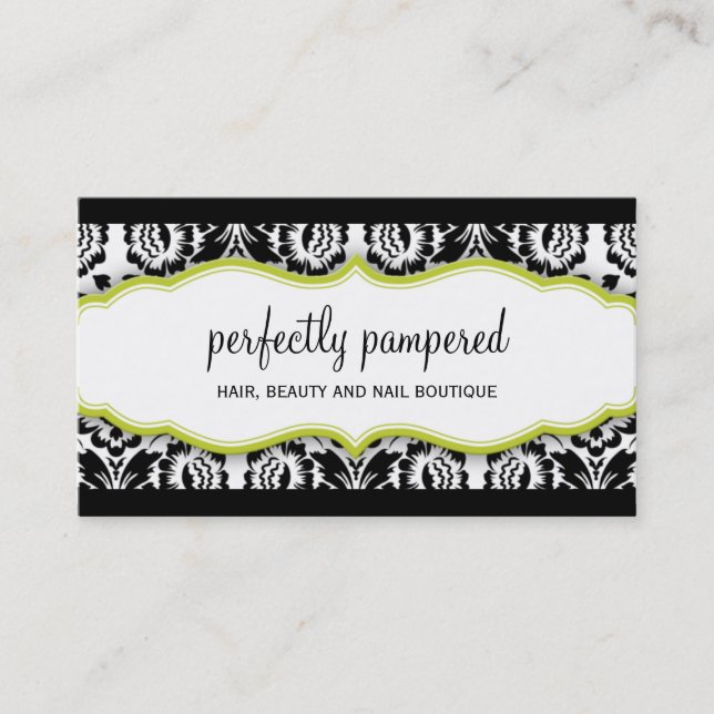 elegant stylish damask pattern black lime green business card (Front)