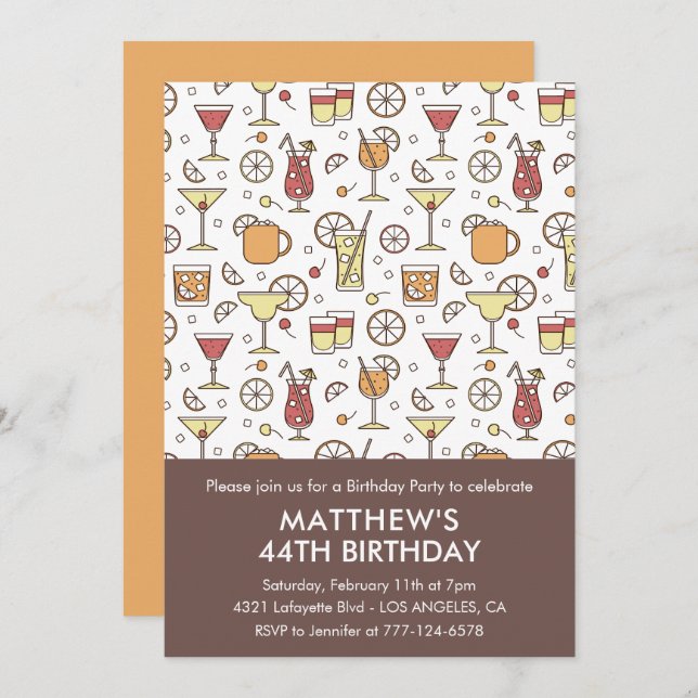 Elegant Stylish Drinks Cocktail 44th birthday Invitation (Front/Back)