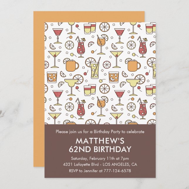 Elegant Stylish Drinks Cocktail 62nd birthday Invitation (Front/Back)
