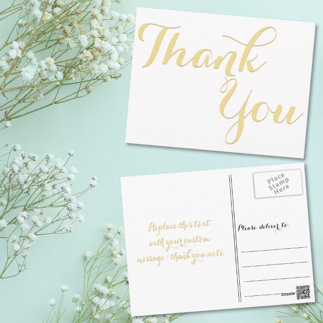 Elegant Stylish Faux Gold Script White Thank You Postcard (Elegant Stylish Faux Gold Script White Thank You Postcard)