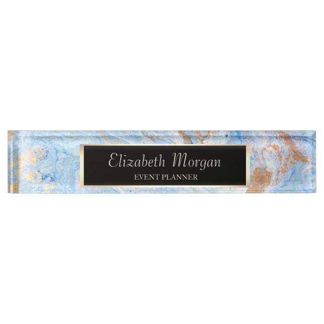 Elegant Stylish Geometric Blue Gold Marble, Frame Nameplate (Front)