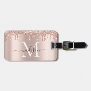 Elegant Stylish Girly Rose Gold Glitter Monogram   Luggage Tag