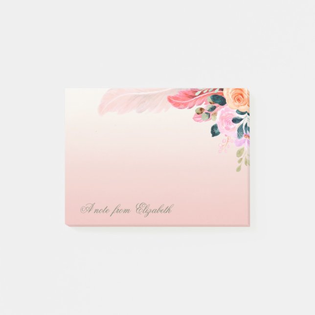Elegant Stylish Girly Watercolor  Flowers Feather Post-it Notes (Front)