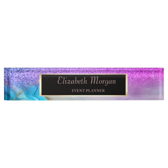 Elegant Stylish Glitter Bokeh,Violet Marble, Frame Nameplate (Front)