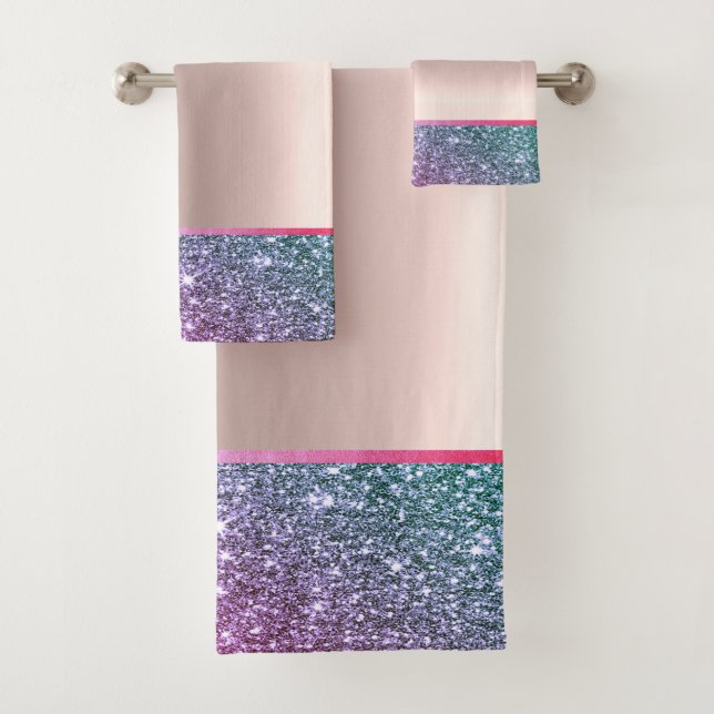 Elegant Stylish Glitter Shiny Rose Gold Bath Towel Set (Insitu)