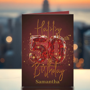 Elegant Stylish Gold and Red 50th Birthday Card