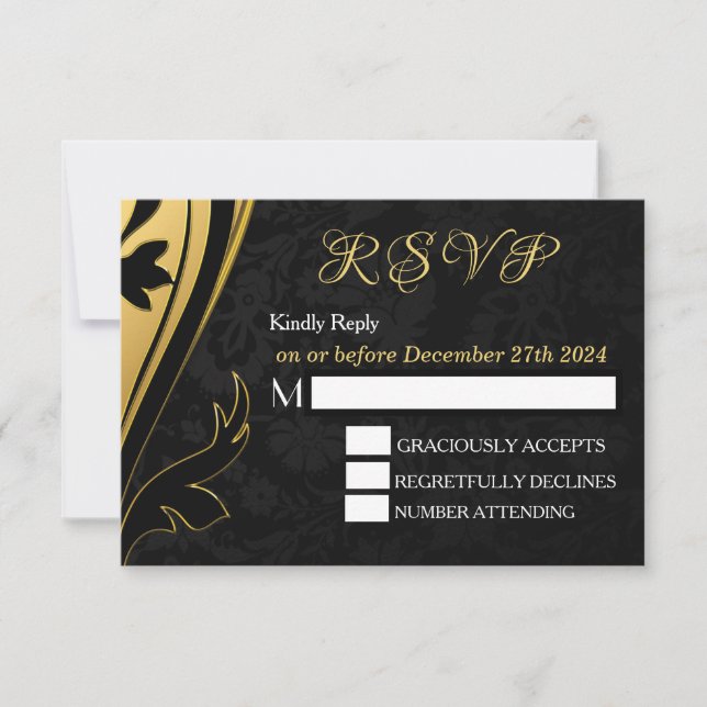 Elegant Stylish Gold Black Deco RSVP Personalise (Front)